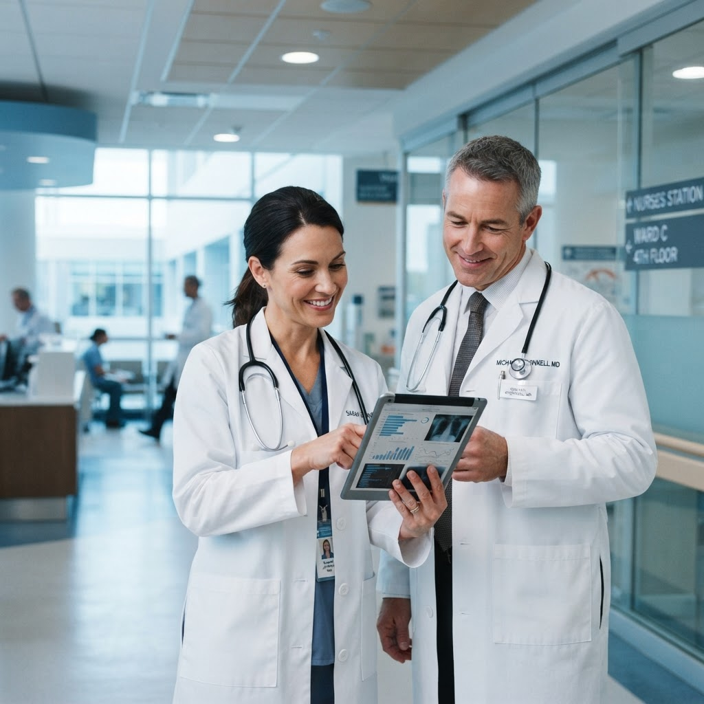 Two doctors reviewing supply information on a tablet in a hospital